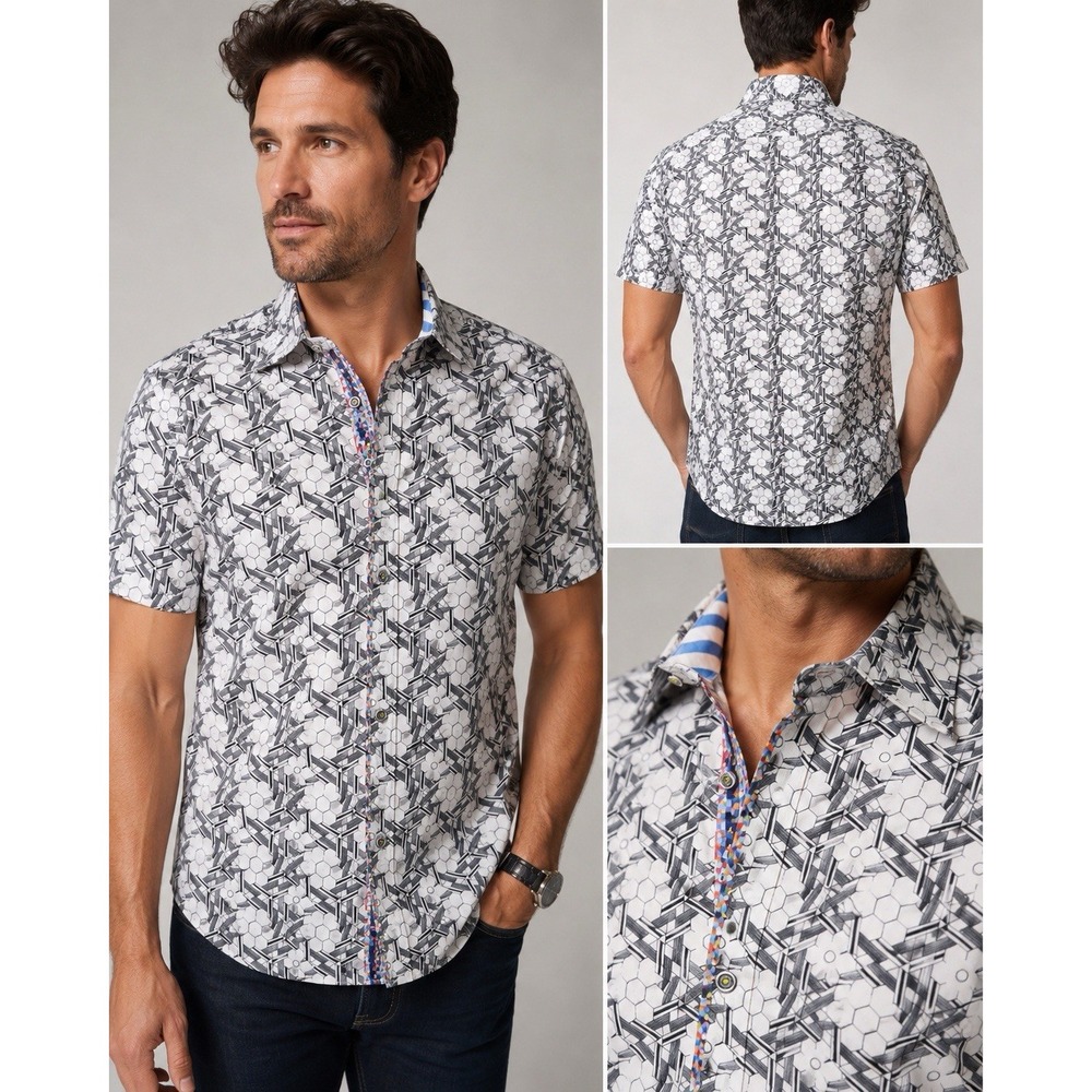 Robert Graham Men's Medium Geometric Print Button Front Shirt Stretch Cotton